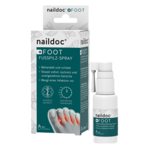 Sprayflasche für Fußpilzbehandlung in Verpackung mit Details zu Anwendung und Wirkung.