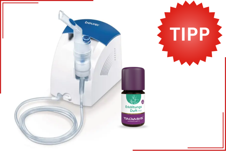 Ein Inhalationsgerät von Beurer neben einer Flasche Erkältungsduft von Taoasis, mit einem Tipp-Symbol.