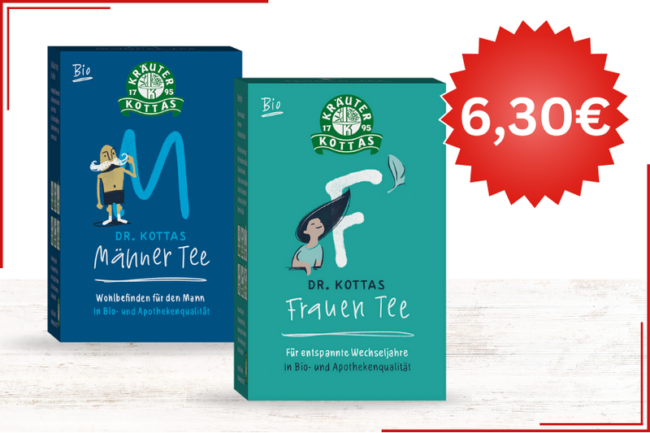 Zwei Teeverpackungen von Dr. Kottas: Männer Tee in blauer Box und Frauen Tee in grüner Box, Preis 6,30€.