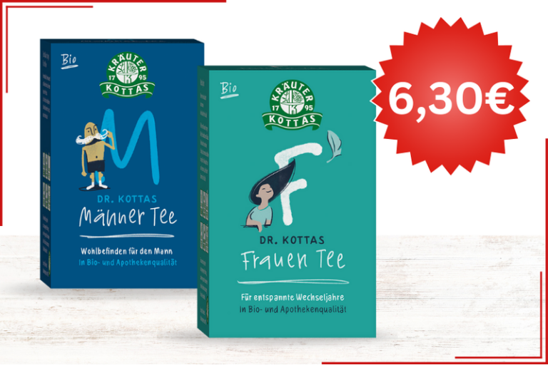 Zwei Teeverpackungen von Dr. Kottas: Männer Tee in blauer Box und Frauen Tee in grüner Box, Preis 6,30€.