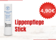 Lippenpflege-Stick in weißer Verpackung, enthält Sheabutter, Vitamine und UVB-Filter.
