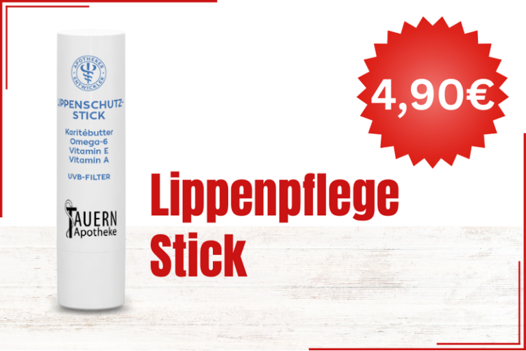 Lippenpflege-Stick in weißer Verpackung, enthält Sheabutter, Vitamine und UVB-Filter.
