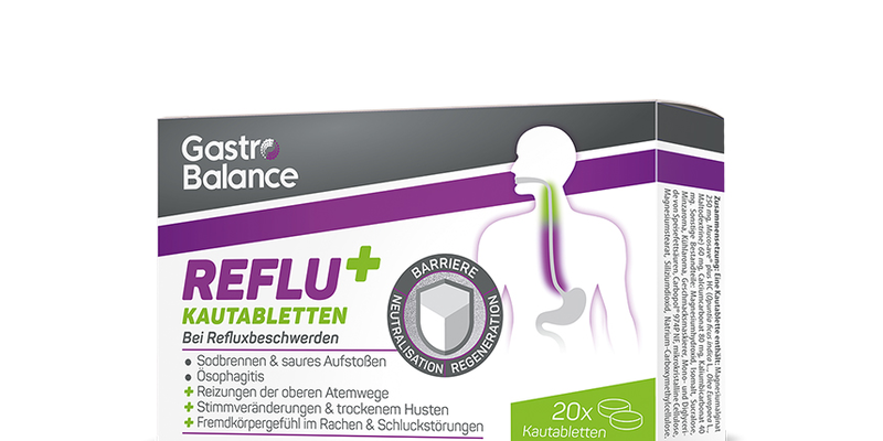 Verpackung von GastroBalance REFLU+ Kautabletten zur Linderung von Refluxbeschwerden, mit Hinweis auf Barriere und Neutralisation.