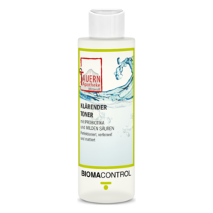 Flasche mit klärendem Toner, enthält Probiotika und milde Säuren, im weißen und grünen Verpackungsdesign.