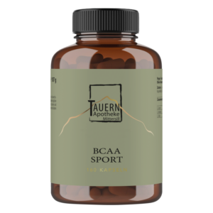 Brauner Kunststoffbehälter mit schwarzem Deckel, etikettiert mit "BCAA SPORT" und "TAUERN Apotheke Mittersill".