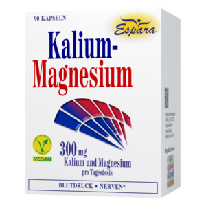 Verpackung von Kalium-Magnesium-Kapseln in einer weißen Box mit blauen und roten Schriftzügen und veganem Siegel.