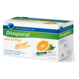 Packung mit Diasporal Magnesium direkt Granulat, orangefarbig, enthält 50 Sticks für die Einnahme ohne Wasser.