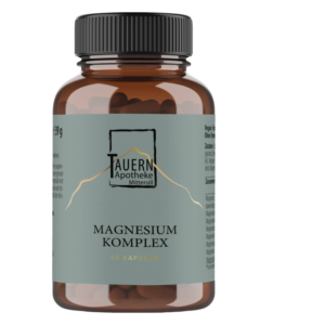 Braune Kapsel-Flasche mit grauem Etikett, beschriftet mit "Magnesium Komplex" und Inhaltsinformationen.