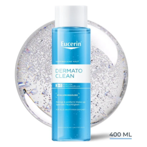 Flasche mit Eucerin Dermato Clean, 3-in-1 Mizellen-Reinigungsfluid für empfindliche Haut, Inhalt 400 ml.