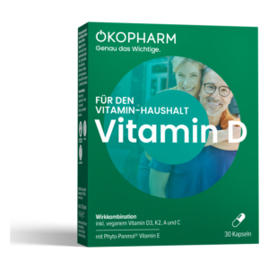 Grüne Verpackung mit der Aufschrift 'Vitamin D' für den Vitamin-Haushalt, inkl. veganer Vitamine D3, K2, A und C.