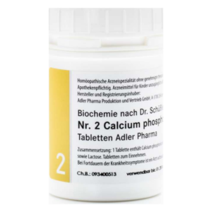 Weißes Pillenfläschchen mit gelbem Deckel für homöopathische Calcium-Phosphat-Tabletten von Adler Pharma.