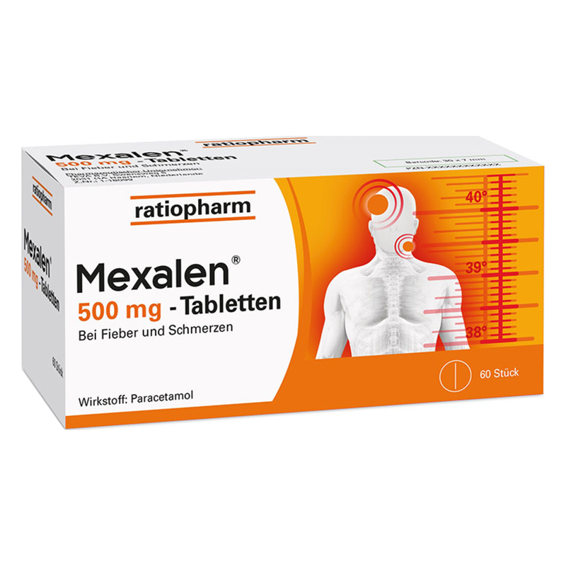 Schachtel Mexalen 500 mg-Tabletten mit Hinweis auf Fieber und Schmerzen, beigefügter Körperumriss und Dosieranzeige.