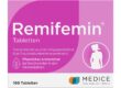 Verpackung mit pinkem Design für Remifemin Tabletten, pflanzliches Arzneimittel gegen Beschwerden in den Wechseljahren.