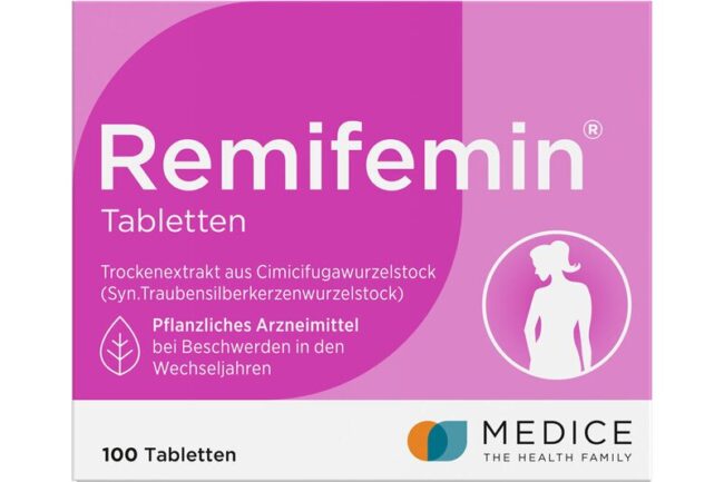 Verpackung mit pinkem Design für Remifemin Tabletten, pflanzliches Arzneimittel gegen Beschwerden in den Wechseljahren.