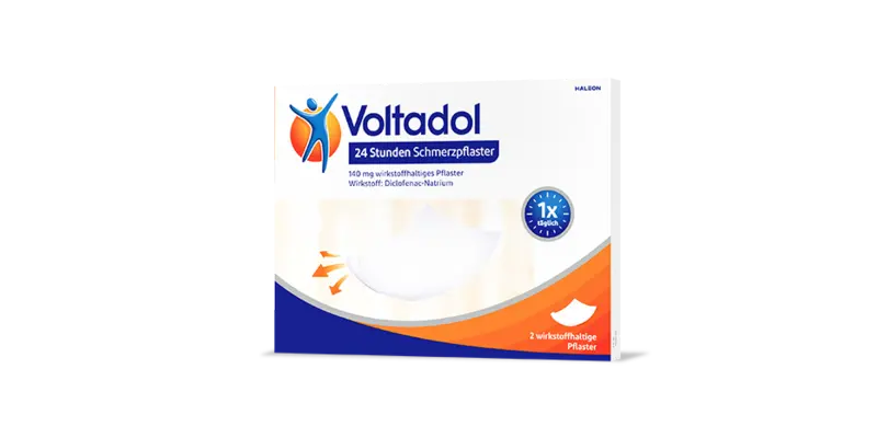 voltadol-24h-pflaster-2stueck-2025.png Verpackung eines Voltadol Schmerzpflasters, das 24 Stunden wirkt, mit Informationen zu Inhalt und Wirkstoff.