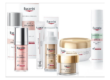 Verschiedene Eucerin Hautpflegeprodukte mit verschiedenen Verpackungen, darunter Tuben, Pumpflaschen und Tiegel.