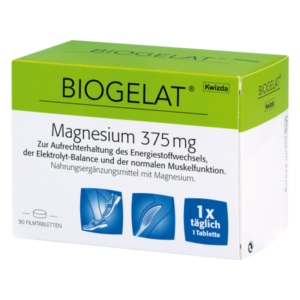 Verpackung von Biogelat Magnesium 375 mg, enthält Hinweise zur Anwendung und Nutzung von Nahrungsergänzungsmitteln.