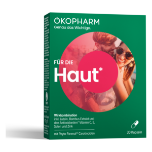 Verpackung von ÖKOPHARM für Hautpflege mit Kapseln und Angaben zu Inhaltsstoffen und Wirkstoffen auf grüner Grundfarbe.