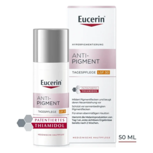 Eucerin Anti-Pigment Tagespflege LSF 30 in einer Flasche mit einem Pumpspender, zusammen mit einer Verpackung.