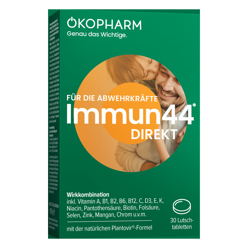 Verpackung des Produkts "Immun44 Direkt" von Okopharm mit Informationen zur Wirkstoffkombination und Anwendung.