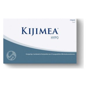 Verpackung von Kijimea HYPO, die eine Komposition aus 53 Mikrokulturstämmen enthält.
