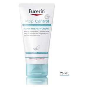 Eucerin Atopi Control Hand Intensiv-Creme in einer weißen Tube mit blauen Akzenten. Für sehr trockene Haut geeignet.