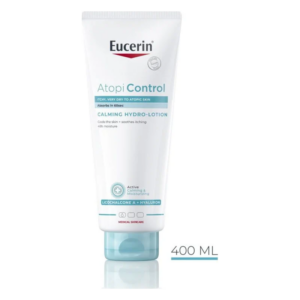 Eucerin Atopi Control beruhigende Hydro-Lotion in einer weißen Tube mit blauen Akzenten, 400 ml Inhalt.