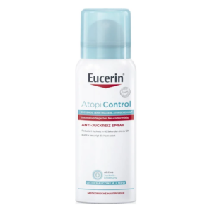 Eucerin AtopiControl Anti-Juckreiz-Spray in einer weißen Sprühflasche mit blauer Kappe, zur Pflege bei Neurodermitis.