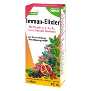 Verpackung des Immun-Elixiers von Salus, vegan, mit bunten Kräutern und Früchten, 250 ml Flasche, zur Unterstützung des Immunsystems.