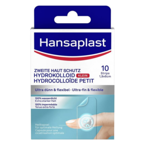 Verpackung von Hansaplast Hydrokolloid-Pflastern in einer kleinen Box mit 10 Streifen, wasserfest und für optimale Heilung.