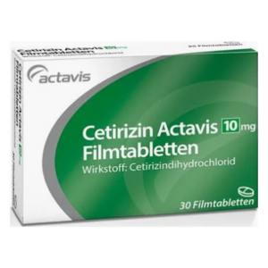 Packung von Cetirizin Actavis mit 10 mg Filmtabletten, enthält 30 Tabletten zur allergischen Behandlung.