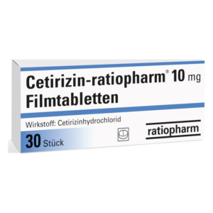 Verpackung von Cetirizin-ratiopharm 10 mg Filmtabletten, Wirkstoff: Cetirizinhydrochlorid, Marke: ratiopharm.