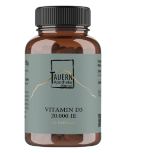 Braune Kunststoffflasche mit schwarzem Deckel, die 20 Kapseln Vitamin D3 enthält.