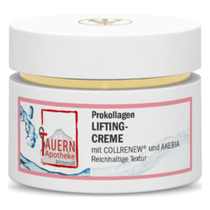 Tiegel mit Prokollagen Lifting-Creme von Tauern Apotheke, dekoriert mit Wassertropfen-Muster und goldfarbener Kappe.