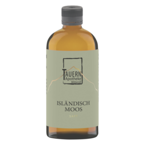Glasflasche mit einem hellgrünen Etikett, beschriftet mit "Isländisch Moos Saft" und dem Logo der Tauern Apotheke.