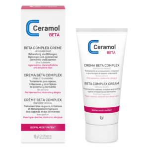Beta Complex Creme von Ceramol in einer weißen Tube neben einer Verpackung mit mehrsprachigen Informationen zur Anwendung bei Hautproblemen.