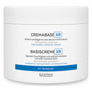 Weißer Cremetiegel mit Beschriftungen zu Inhaltsstoffen und Eigenschaften der Creme für trockene Haut.