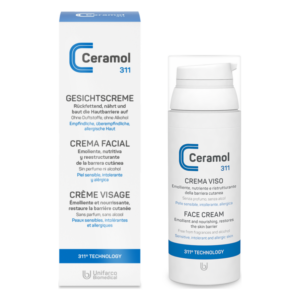 Gesichtscreme in einem Pumpspender, präsentiert in einer stilvollen Verpackung mit mehrsprachiger Beschreibung.