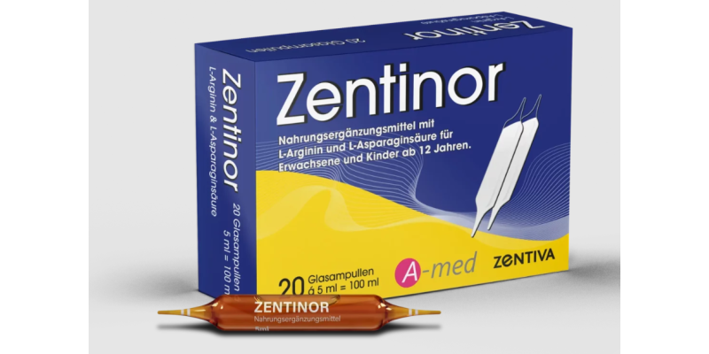 Verpackung von Zentinor, einem Nahrungsergänzungsmittel mit L-Arginin und L-Asparaginsäure, in einer blauen Schachtel mit 20 Glasampullen.