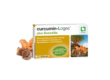Verpackung von curcumin-Loges plus Boswellia mit Kapseln, umgeben von Kurkuma und Boswellia-Rinde.