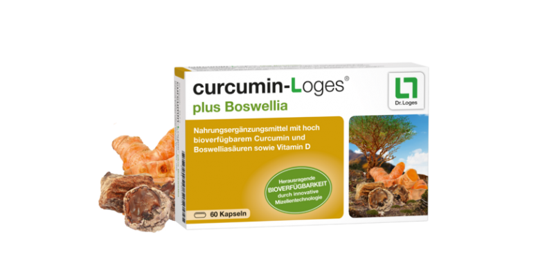 Verpackung von curcumin-Loges plus Boswellia mit Kapseln, umgeben von Kurkuma und Boswellia-Rinde.