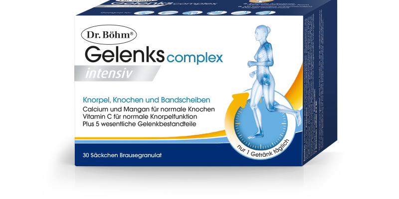 Verpackung von Dr. Böhm Gelenkscomplex intensiv mit Informationen zu Wirkstoffen für Gelenkgesundheit.