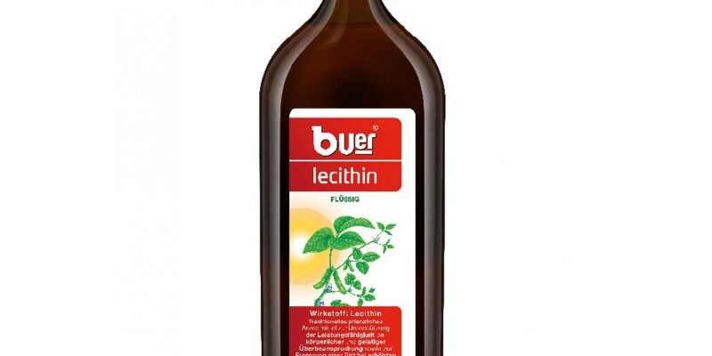 Braune Flasche mit Flüssiglecithin, Etikett enthält Produktinformationen und Pflanzenmotiv.