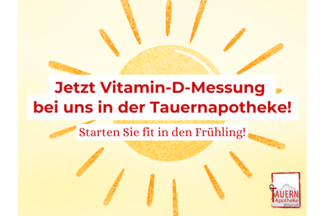 Ankündigung zur Vitamin-D-Messung in der Tauernapotheke, mit Sonnensymbol und frühlingshaften Farben.
