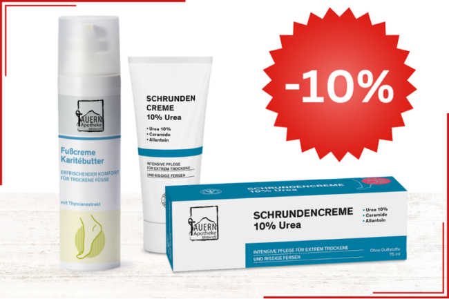 Produkte zur Fußpflege mit einer Fußcreme und einer Schrundencreme, jeweils mit Beschreibung und Rabattangebot.
