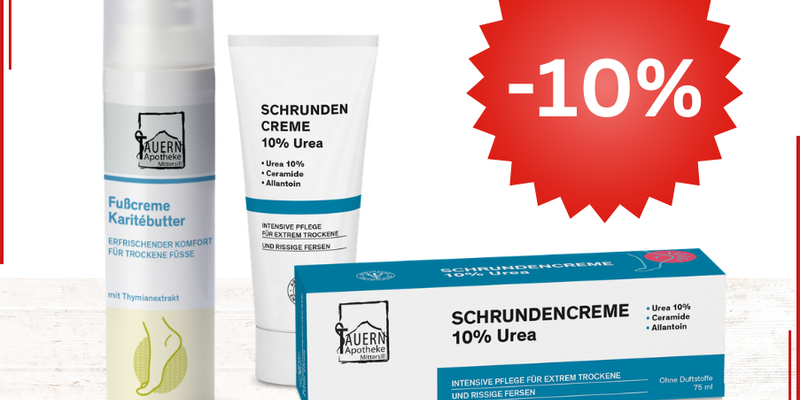 Produkte zur Fußpflege mit einer Fußcreme und einer Schrundencreme, jeweils mit Beschreibung und Rabattangebot.