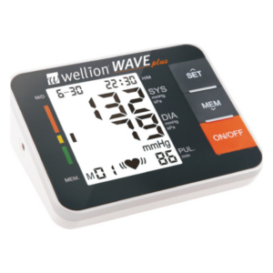 Blutdruckmessgerät wellion WAVE plus mit digitalen Anzeige für systolischen und diastolischen Druck sowie Puls.