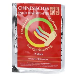Paket mit chinesischen Entgiftungsplastern, rotes Design mit Symbolen und Anweisungen zur Anwendung.