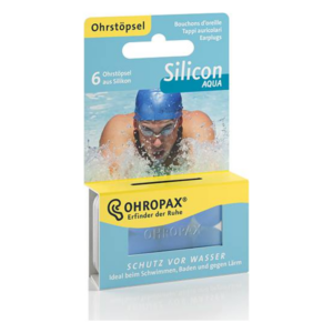 Packung mit 6 Silikon-Ohrstöpseln zum Schutz vor Wasser, geeignet für Schwimmen und Baden.