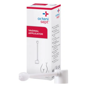 Weißer vaginaler Applikator, verpackt in einer mehrsprachigen Kartonbox von octenisept, die Anwendungsanweisungen zeigt.